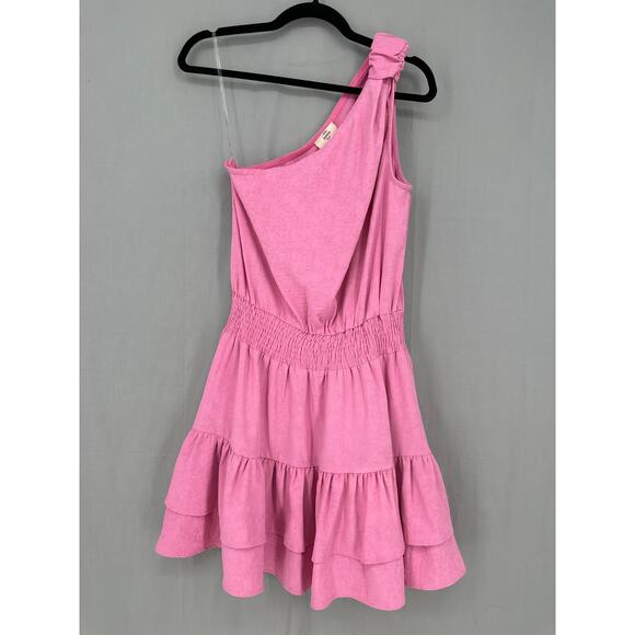 Entro Dress Women Medium Pink Mini Ruffle One Shoulder Asymmetrical Tiered Boho - Picture 7 of 9